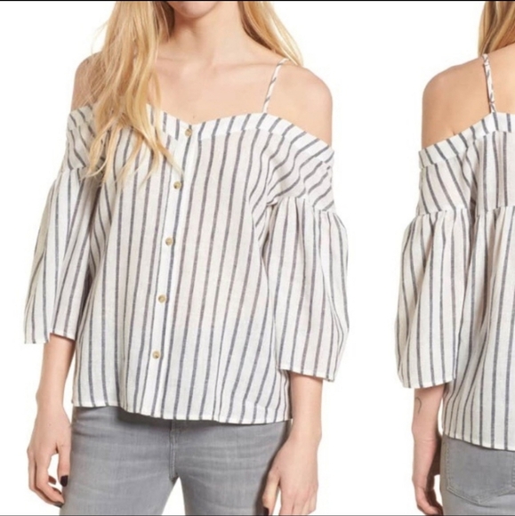 Nordstrom BP White Denim Blue Stripe Off The Shoulder Top Size Women Medium NEW - Picture 1 of 12